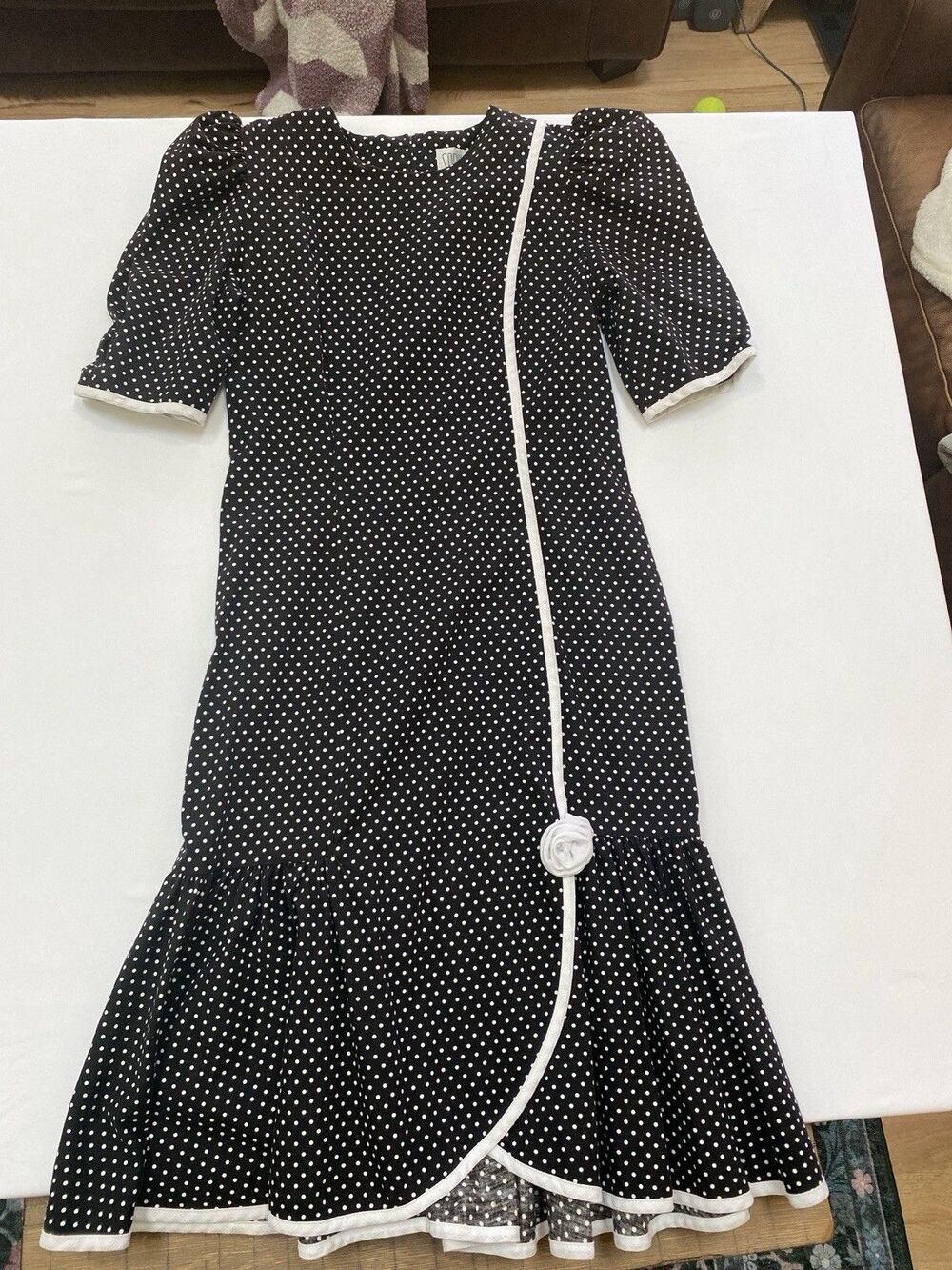 Sabino Vintage 80s Polka Dot Puff Sleeve Dress White Piping Retro Rockabilly 10